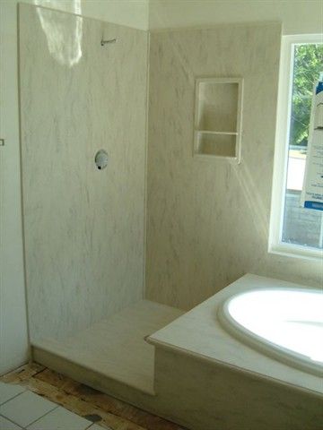 Corian Rain Cloud Bathroom Remodel Small Shower Corian Rain Cloud Bathroom Remodel, Solid Surface Shower Tub Surrounds