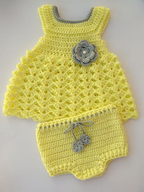 Handmade Crochet Set,Shoes Dress and Hat Yellow 0-3 byRocky Mountain Marty.