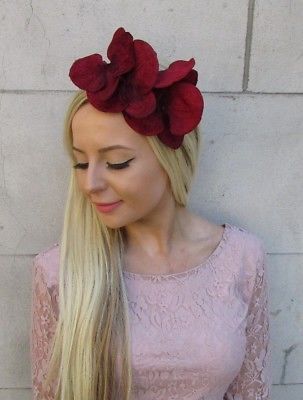 Burgundy Wine Red Orchid Flower Fascinator Headpiece Headband Wedding Vtg 5904 Burgundy Wine Red Orchid Flower Fascinator Headpiece Headband Wedding Vtg 5904