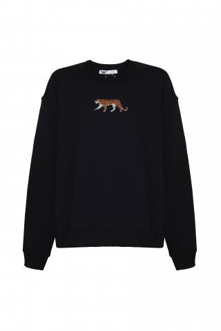 Leopard Nakisli Sweatshirt Svetsortler Vintage Denim Hoodie