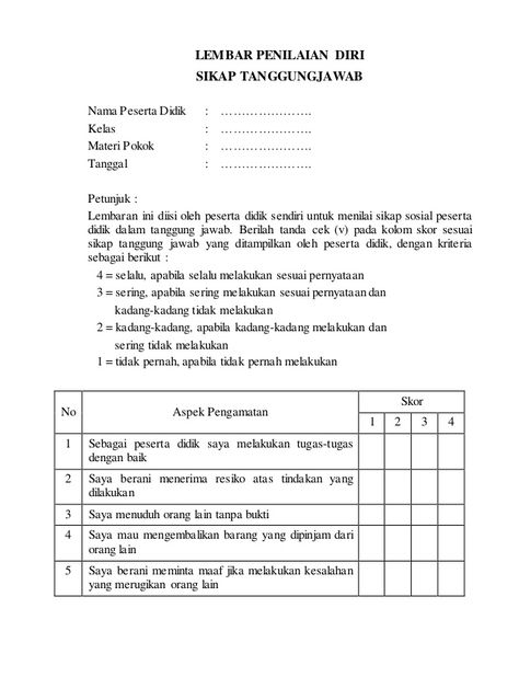 Instrumen Lembar Penilaian Diri Sikap Penilaian Instrumen Belajar