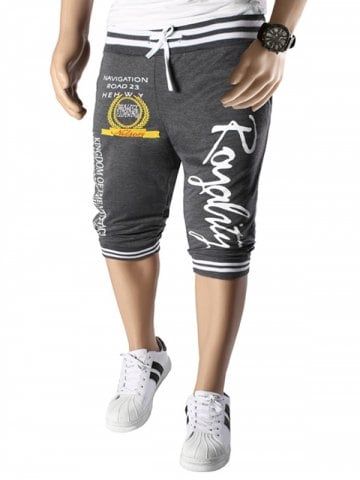 Beam Feet Letters Pattern Rib Spliced Lace Up Capri Pants Jogger Shorts For Men Jogger Pants Style Mens Jogger Pants Sport Outfit Men