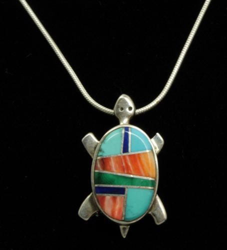 Lynette Ch Zuni Indian Sterling Silver Turquoise and Shell Turtle Charm Pendant