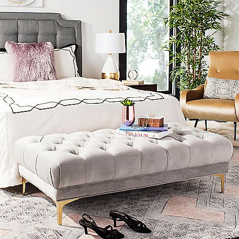 Safavieh Zarya 54 Grey Tufted Velvet Rectangular Bench On Sale At Shophq Com In 2021 Upholstered Bench Living Room Bench Upholstered Bedroom