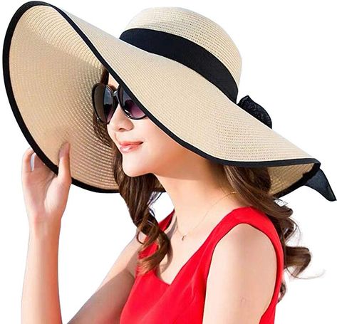 JOYEBUY Women Big Bowknot Straw Hat Floppy Foldable Roll up UV Protection Beach Cap Sun Hat