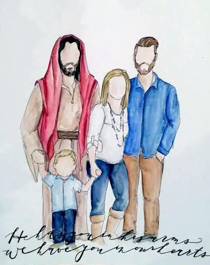 Infant Loss Loss of Family Member Custom Handmade Watercolor Family Portrait with Christ
