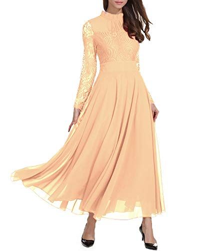 Aox Womens Elegant Long Sleeve Floral Chiffon Lace A Line Long Maxi Party Evening Bridesmaid Swing Dress
