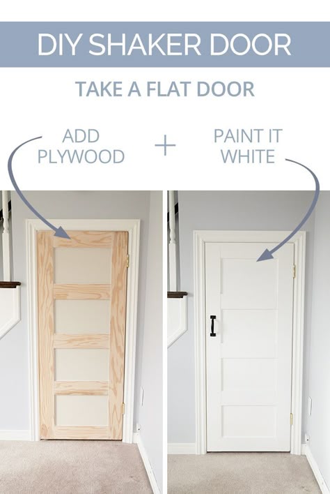 DIY Shaker Door - Take a plain slab door and turn it into a charming-yet-modern shaker door with some plywood, glue, nails, and paint. Easy Home Decor, Home Decor Tips, Cheap Home Decor, Decor Ideas, Diy Ideas, Diy Home Décor, Diy House Ideas, Craft Ideas, Diy Decoration