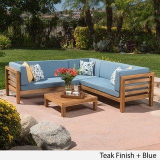 Oana Outdoor 5 Seater V Shaped Acacia Wood Sectional Sofa Set With