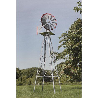 8ft Ornamental Garden Windmill Galvanized Steel Finish With Red