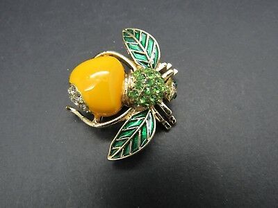 NEW Joan Rivers Yellow APPLE BEE PIN Bug Brooch Pave Crystal Rhinestones Enamel!