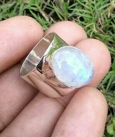 Healing Stone Natural Rainbow Moonstone Gemstone Sterling Silver Ring