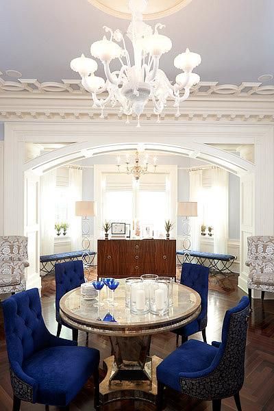 Erik Goldstein White Royal Blue Elegant Living Room Design With Velvet Parlour Eclectic Dining Erik Goldstein White Royal Blue, Royal Blue Velvet Dining Room Chairs