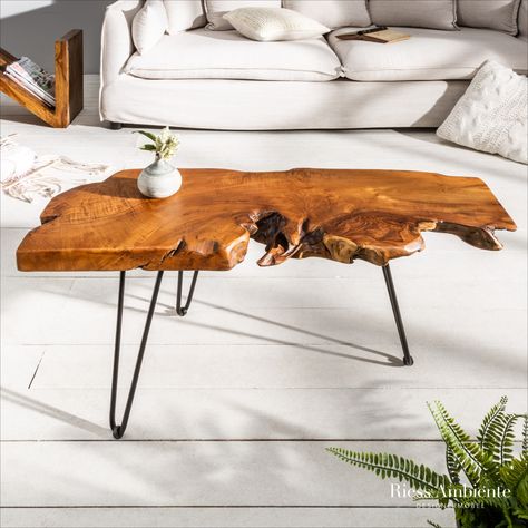 Massiver Couchtisch Wild 100cm Teak Massivholz Baumscheibe Hairpin
