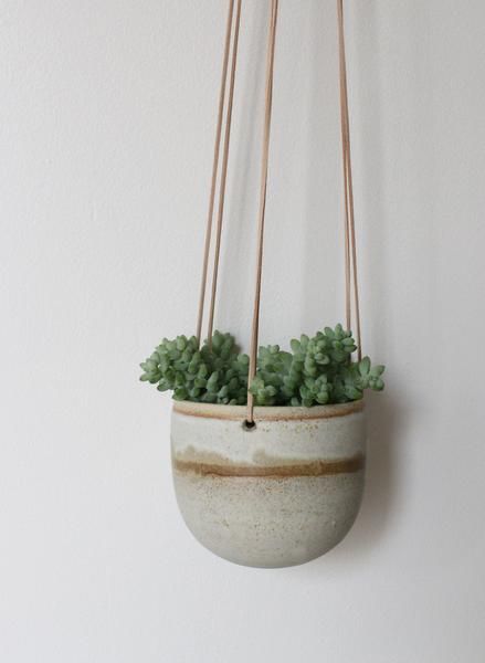 New Ashbury Leather Hanging Large Ceramic Planter White