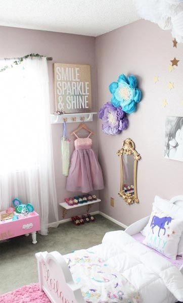 Featuring A Unicorn Pillow And Dress Up Area With Gold Mirror This Bedroom Is Truly Every Little Princess Girls Themes Toddler Girl Room Girls Bedroom Themes, Mirror For Toddler Girl Room