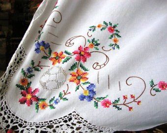 Cross Stitch Vintage Handmade Tablecloth Floral Hand Embroidered Table Top Rectangle Soft Beige Cotton