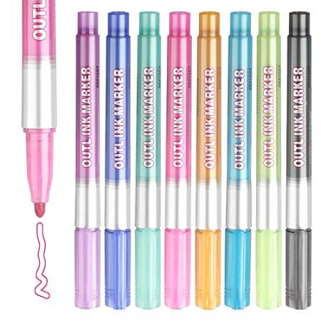 DIY Art Crafts Self-Outline Metallic Markers 8 Colors Bullet Journal Pens /& Glitter Pens for Card Making Double Line Outline Pen Adults Drawing Kids Scrapbooking