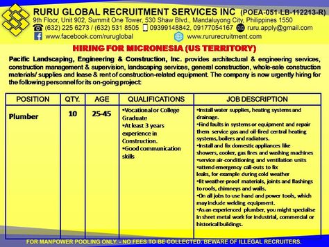 Micronesia Hiring for Electrician and other Construction Workers - construction worker job description Micronesia Hiring for Electrician and other Construction Workers - construction worker job description