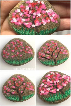 apple blossom trees dot painting on rocks taşlar el yapımı ve keçe