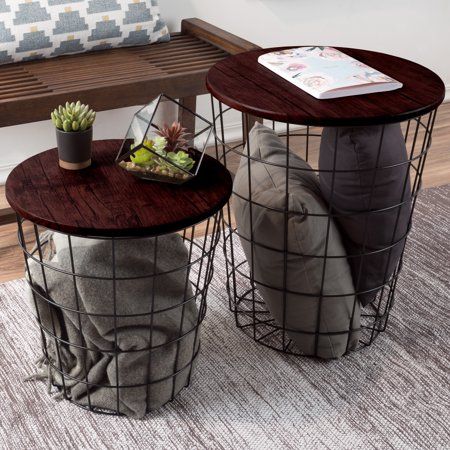Nesting End Tables With Storage Set Of 2 Convertible Round Metal Basket Base Veneer Top Acce Home Decor Tips Diy Nesting End Tables With Storage Set, Round Side Table With Storage Basket