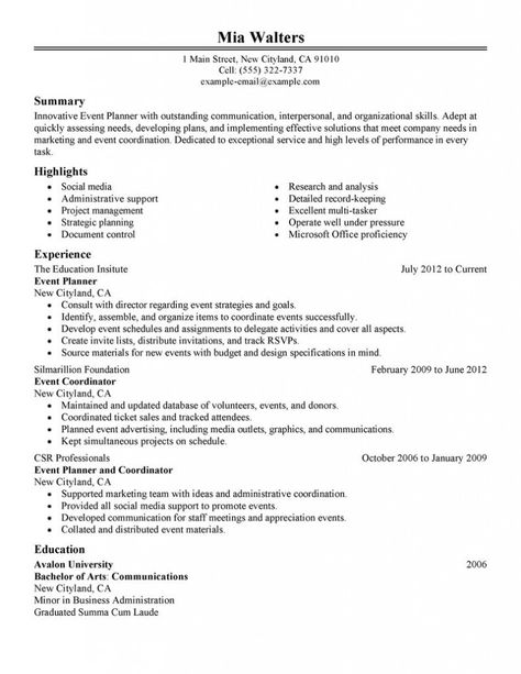 Event Planning Resume Sample Letter Examples Pinterest - event planning resume Event Planning Resume Sample Letter Examples Pinterest - event planning resume