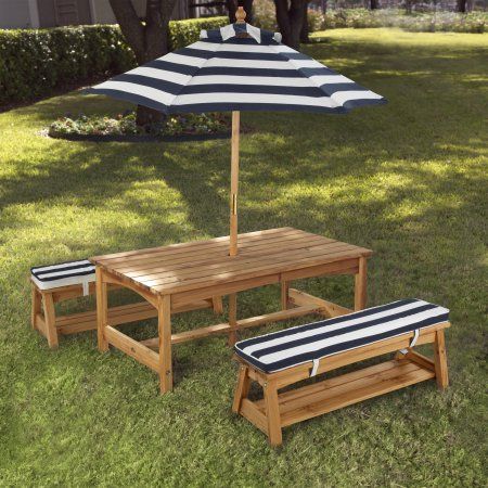 Kidkraft Outdoor Wooden Table Bench Set With Cushions And Umbrella Navy White Stripe Fabric Com Picnic Tables Kids Kids Outdoor Table, Kidkraft Outdoor Furniture