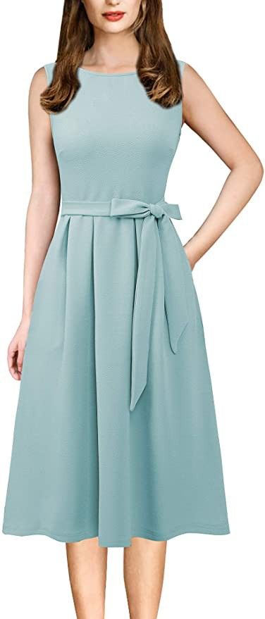 VFSHOW Women Pleated Neck Pockets Buttons Work Office Business A-Line Midi Dress