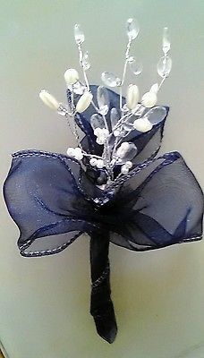 New Silver Crystal Pearl Fliwer Onhole Wedding Guest New Crystal Pearl Onhole Navy Blue Ribbon Plus Pin Wedding Guest Prom