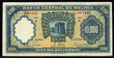 10000 Bolivianos Banknote Issued By The Banco Central De Bolivia Dated 1942 Obverse View Of Puerta Del Sol Spanish For Gate Bank Notes Bolivia World Coins