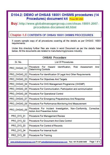 OHSAS 18001 sample forms document kit covers sample copy of blank - sample health and safety policy OHSAS 18001 sample forms document kit covers sample copy of blank - sample health and safety policy