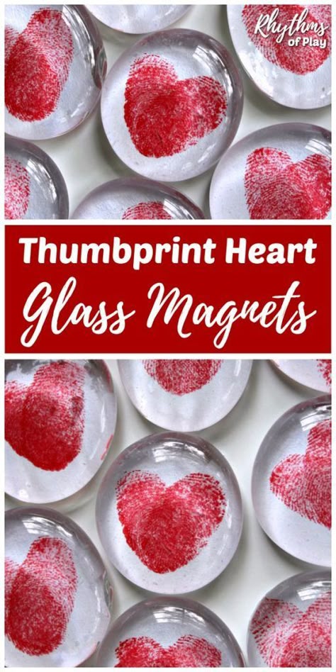 Thumbprint Heart Magnets! A heart craft and homemade keepsake gift idea kids can make. Glass gem magnets with fingerprint hearts are a perfect handmade gift for Valentine's Day, Mother's Day or Father's Day. Make some DIY heart magnets with your children today! #RhythmsOfPlay #GiftIdea #AllTheLove #ValentinesDayGift #ValentinesDay #ThumbprintHeart Valentine's Day Crafts For Kids, Valentine Crafts For Kids, Mothers Day Crafts, Valentines Diy, Kids Diy, Christmas Crafts, Saint Valentine, Christmas Mom, Homemade Christmas