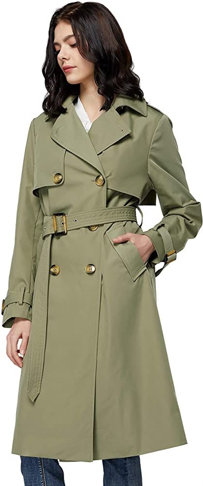 Orolay Women S Long Double Ted Trench Coat With Belt Light Lape Overcoat Green L Clothing Coats Trench Coats Women Coat, Light Green Trench Coat Womens