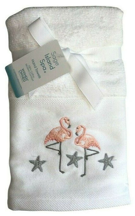 Flamingo Embroidered Hand Towels Set of 2 Summer Beach Coastal Home Flamingo Embroidered Hand Towels Set of 2 Summer Beach Coastal Home