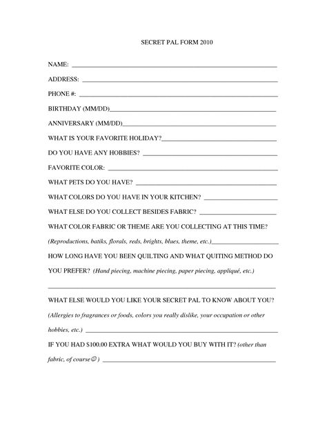 secret pal form 2010 shh secret pals pinterest secret pal form
