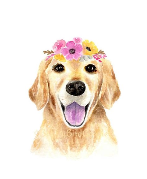 Golden Retriever With Pink Flower Crown Print Watercolour Dog