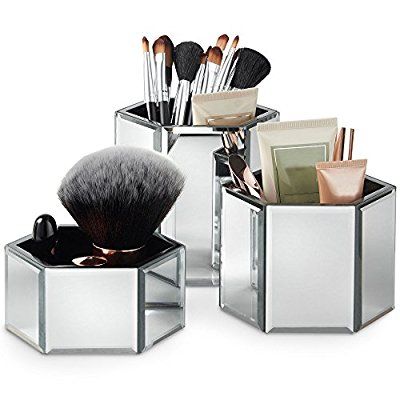 Beautify Mirrored Glass Hexagon Storage Pots For Makeup Brushes Jewellery Amp Accessories Set Of 3 Includes Cleaning Jewelry Beautify Mirrored Glass Hexagon Storage, Silver Mirrored Makeup Brush Holder