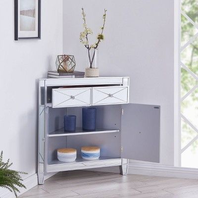 Monroe Mirrored Corner Cabinet Silver Aiden Lane Furniture Bedroom Seating Area Monroe Mirrored Corner Cabinet Silver, Mirrored Corner Cabinet Living Room