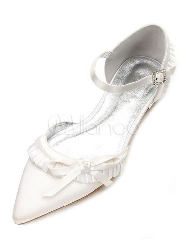 Ivory Wedding Shoes Satin Pointed Toe Ruffle Bow Buckle Detail