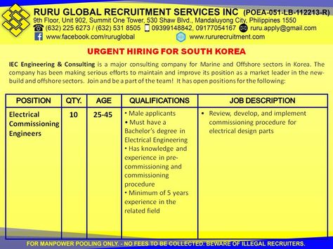 Hiring for South Korea Electrical Commissioning Engineers - electrical engineer job description Hiring for South Korea Electrical Commissioning Engineers - electrical engineer job description