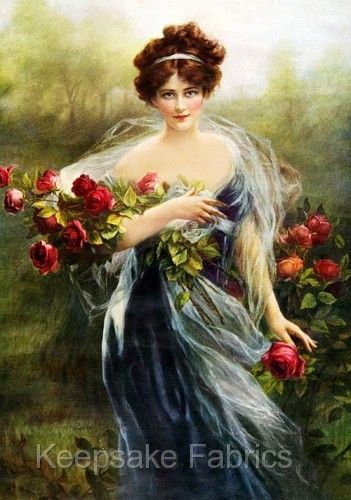 Victorian Woman Fabric Block Rose Bouquet Beautiful Long Auburn Hair