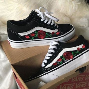 vans shoes black with roses