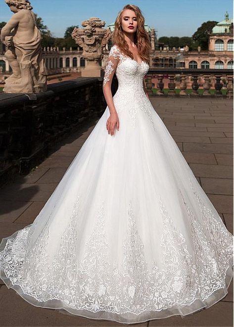 Buy Discount Attractive Tulle Sheer Bateau Neckline A Line Wedding