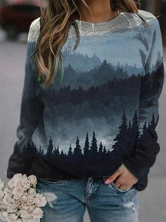 Womens Sweatshirts Plus Size Mountain Printed Hoodie Pull Casual Pullover Autumn Long Sleeve Winter Sweatshirt Shirts Tops