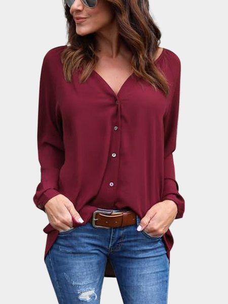 ZOMUSAR Womens Casual Solid Color Blouse Roll Up Long Sleeve V Neck Button Shirt Pocket Tops