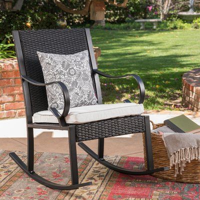 Union Rustic Ossu Outdoor Rocking Chair With Cushions Finish Brown Fabric Cream Classic Rocking Chair