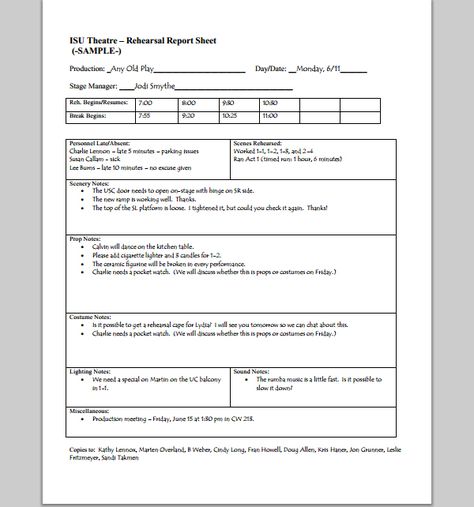 rehearsal report template stage management teaching rehearsal report template