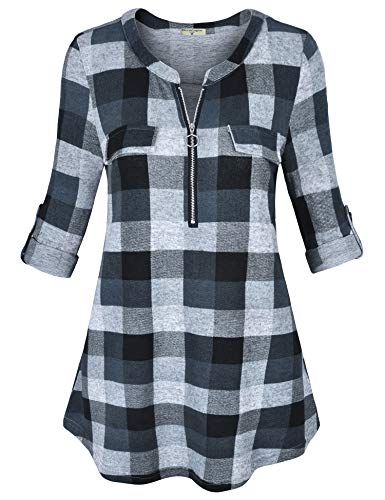 Women Henley Shirts Casual Plaid Roll Up Sleeve V Neck Buttton Down Blouse Pullover