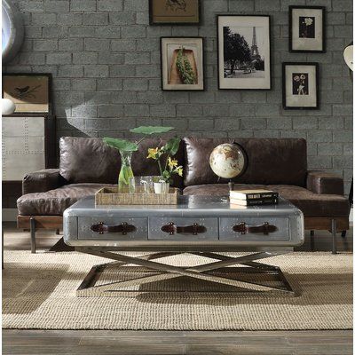 Greyleigh Pakswith Genuine Leather 94 68 Recessed Arm Sofa Leather Coffee Table Aluminum Coffee Table Coffee Table