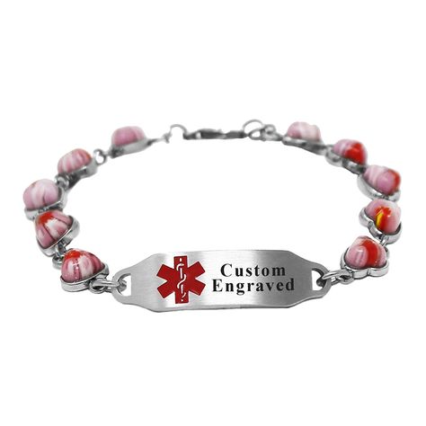 My Identity Doctor Pre-Engraved & Customized Womens Breast Cancer ID Bracelet Steel & Black Hearts Pink My Identity Doctor Pre-Engraved & Customized Womens Breast Cancer ID Bracelet Steel & Black Hearts Pink